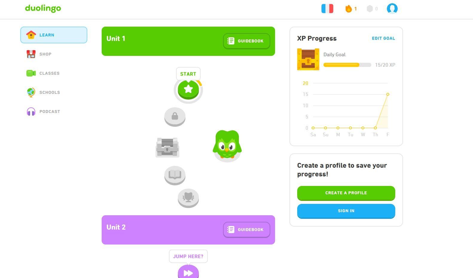 Duolingo allows to monitor your lerning progress. Source: www.duolingo.com/learn